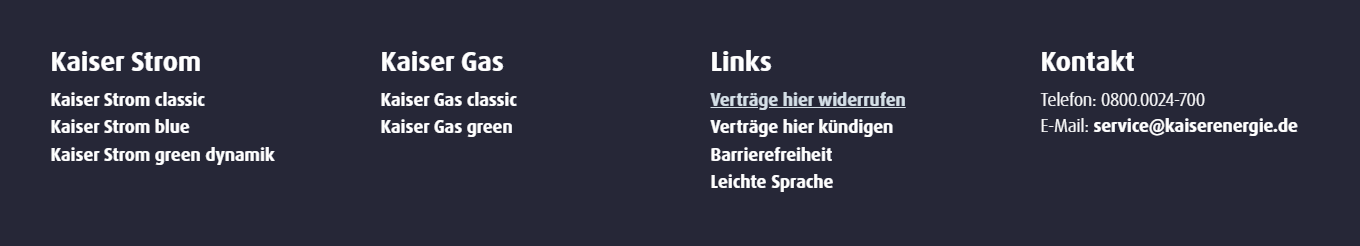Bereich für Kunden-Service Vertrag widerrufen